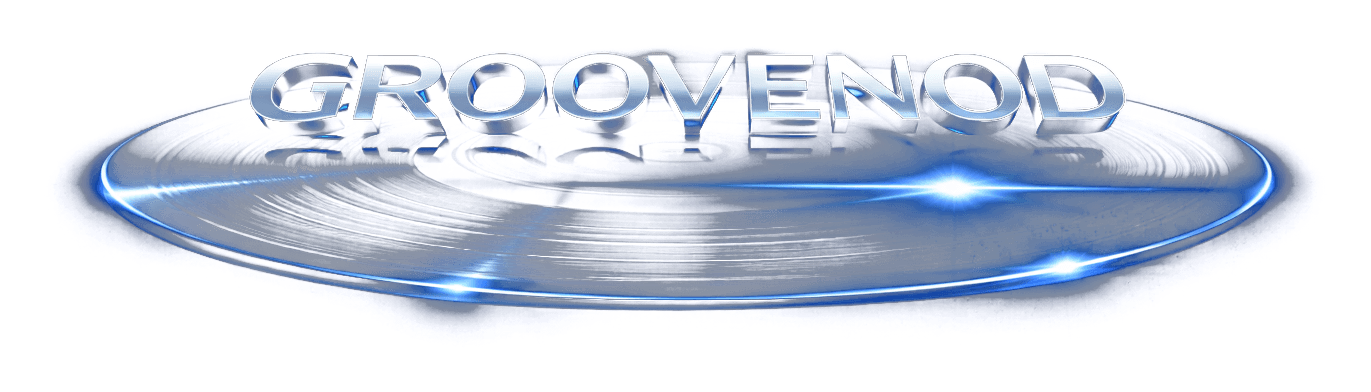 Groovenod chrome wordmark above a glowing digital vinyl record